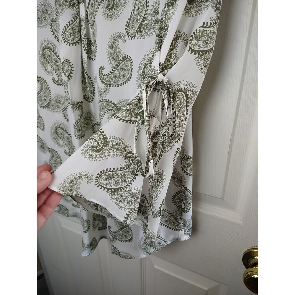 41Hawthorn Green White Paisley V Neck Belle Flare Tie Sleeves Sheer. Size M - Picture 10 of 11